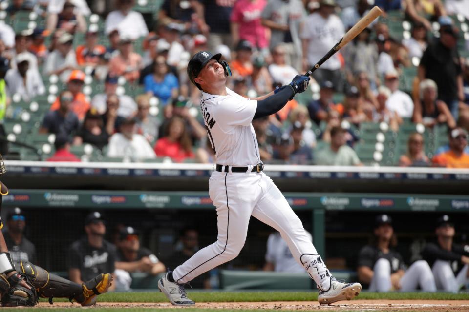 Detroit Tigers infielder Spencer Torkelson hits a home run during the first inning of the game against the San Diego Padres at Comerica Park on July 23, 2023 in Detroit, Michigan.