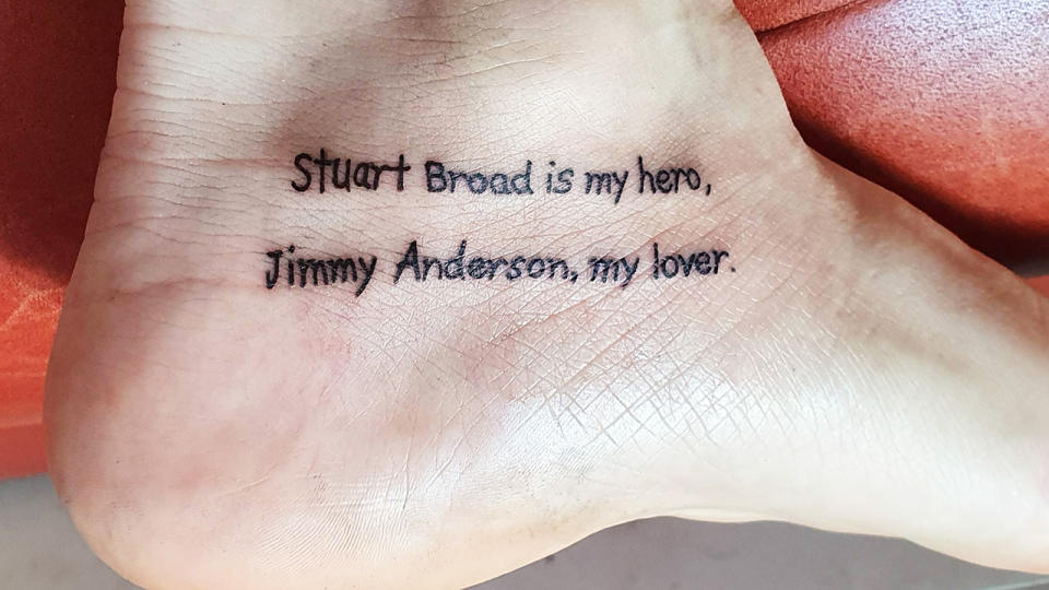 A cricket-mad Reddit user has had the names of English paceman Stuart Broad and Jimmy Anderson tattooed on his foot, after losing a bet that Australia would win the Ashes. Picture: Reddit