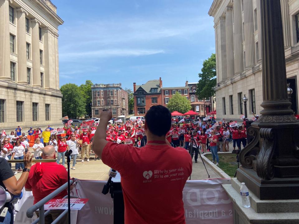 Nurses rally in Trenton on May 11, 2023 for better staffing ratios at New Jersey hospitals.
