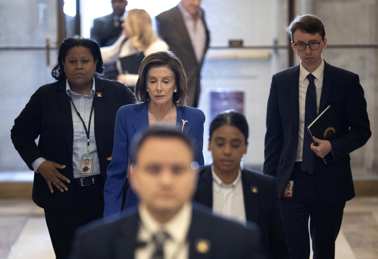 WASHINGTON, DC - MARCH 27: U.S. Speaker of the House Nancy Pelosi (D-CA) arrives at the U.S. Capitol on March 27, 2020 in Washington, DC. The House of Representatives is scheduled to vote today on the stimulus bill intended to combat the economic effects caused by the coronavirus pandemic. (Photo by Win McNamee/Getty Images)