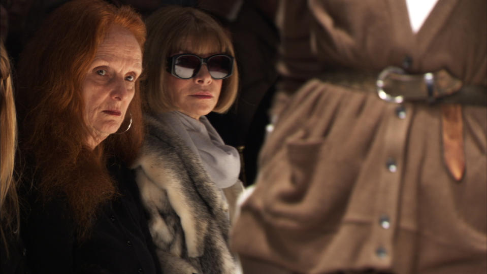 FILE - This photo released by Roadside Attractions shows Grace Coddington, left, Creative Director, VOGUE; and Anna Wintour, Editor-in-Chief, VOGUE, right in "The September Issue", a film by RJ Cutler. Coddington is the author of a book titled, "Grace: A Memoir," released Nov. 20, 2012 by Random House. (AP Photo/Roadside Attractions, file)