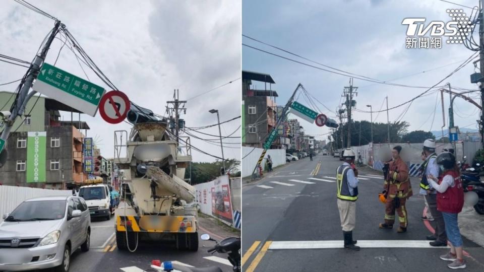 水泥預拌車勾到電線，號誌桿被扯歪差點砸中路過車輛。（圖／TVBS）