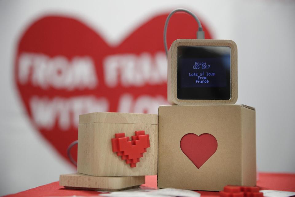 LoveBox devices are on display at CES International Friday, Jan. 6, 2017, in Las Vegas. The device is designed to receive private messages through an Internet connection. (AP Photo/Jae C. Hong)