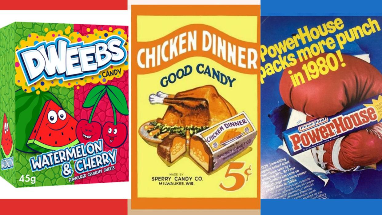 Discontinued vintage candy advertisments for Wonka Dweebs, Chicken Dinner, and Powerhouse