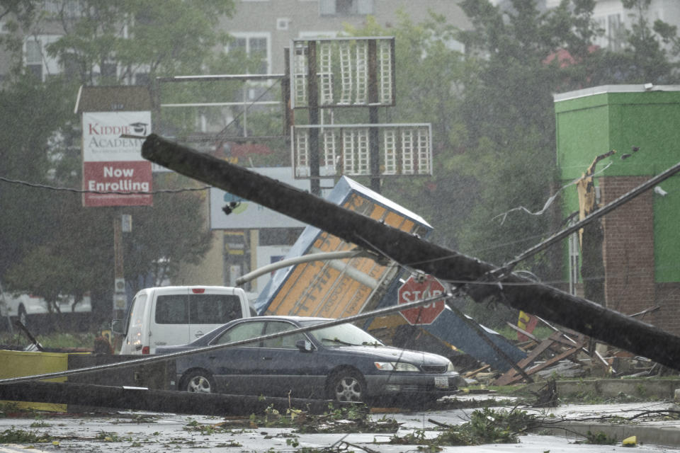 A downed telephone pole on West Street in Annapolis, Md., on Wednesday.