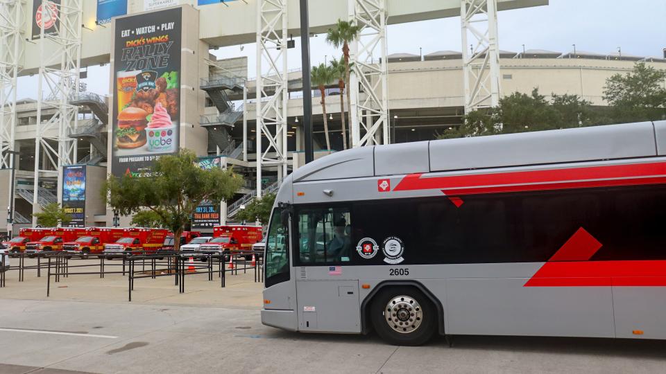 The JTA Gameday Xpress shuttle runs between TIAA Bank Field and three Jacksonville parking lots.