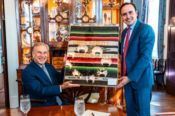 Texas Gov. Greg Abbott and Coahuila Gov.-elect Manolo Jimenez Salinas discussed border security and trade on Monday, Oct. 2, 2023, in Austin. (Courtesy Office of Gov. Greg Abbott)