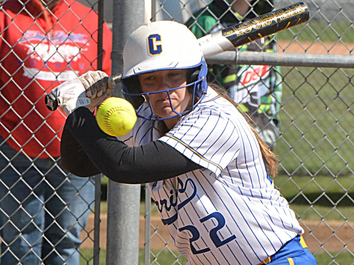 Castlewood's Gracie Haug watches a high pitch sail by during a high school fastpitch tripleheader on Saturday, May 4, 2024 in Castlewood.