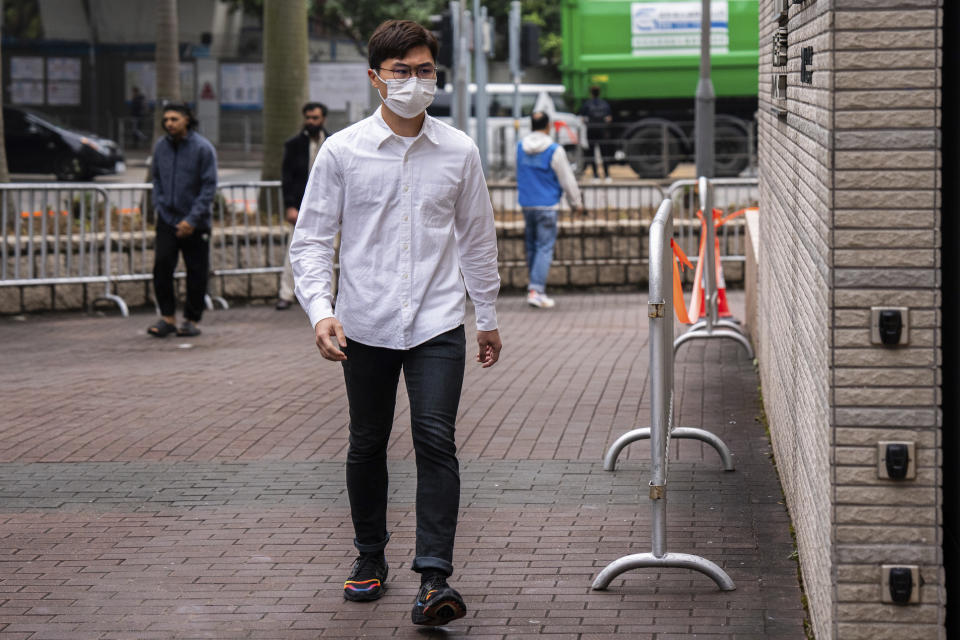Lam Kam-kwan, one of the six defendants who pleaded not guilty to riot in a trial involving protesters who stormed the Legislative Council during the pro-democracy protests in 2019, arrives at the court before verdict in Hong Kong, Thursday, Feb. 1, 2024. A Hong Kong court on Thursday convicted four people for rioting over the storming of the city's legislative council building at the height of the anti-government protests more than four years ago. (AP Photo/Louise Delmotte)