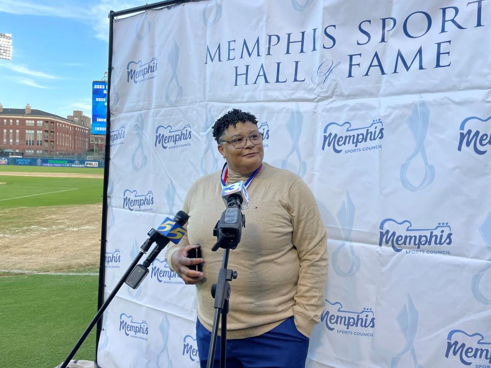 Tamika Whitmore speaks at the 2023 Memphis Sports Hall of Fame induction ceremony.