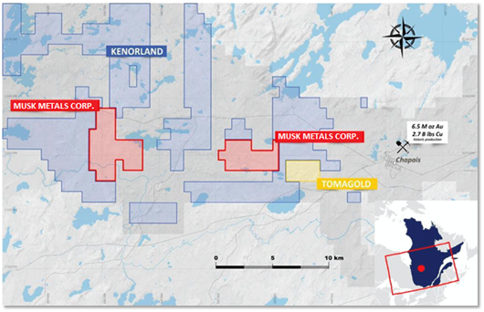 Figure 2: Musk Metals “Pluto Properties” claims area, Quebec