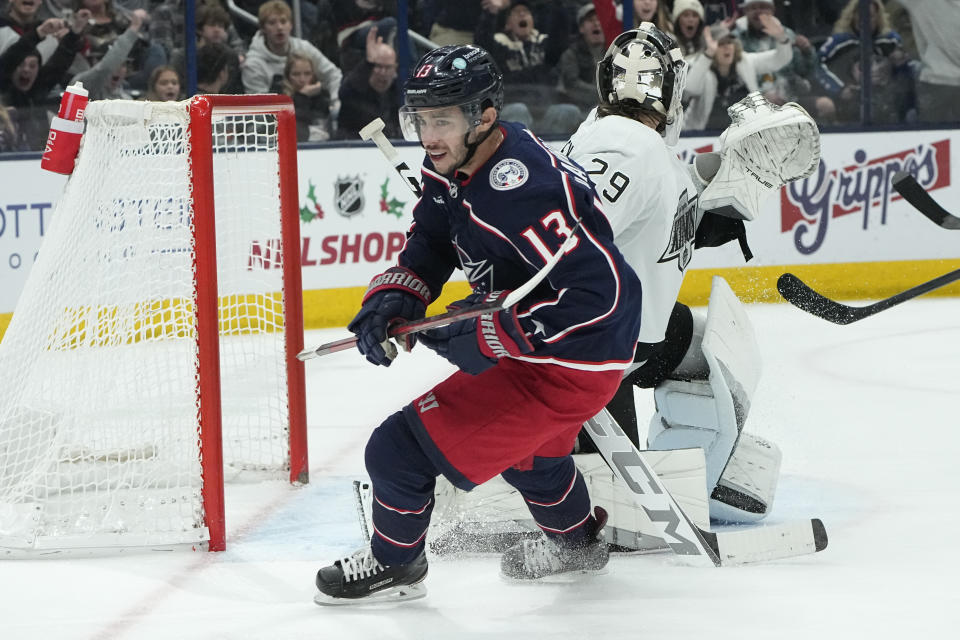 Columbus Blue Jackets' Johnny Gaudreau (13) celebrates his goal on Los Angeles Kings goaltender Pheonix Copley (29) in the second period of an NHL hockey game Tuesday, Dec. 5, 2023, in Columbus, Ohio. (AP Photo/Sue Ogrocki)