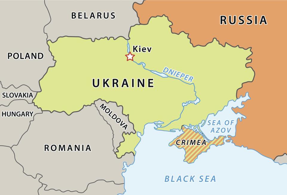 An Eastern Europe map after the 2014 annexation of Crimea shows Ukraine, bordering on Russia