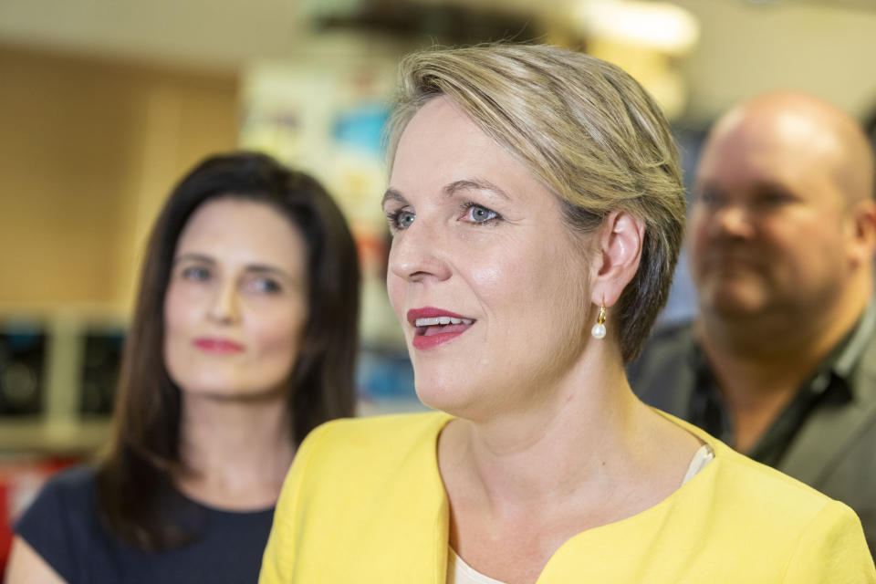 2019 Federal Election: Deputy Opposition Leader Tanya Plibersek speaks to the media alongside Labor candidate for the seat of Dickson Ali France during a visit to Lawnton State School. Source: AAP