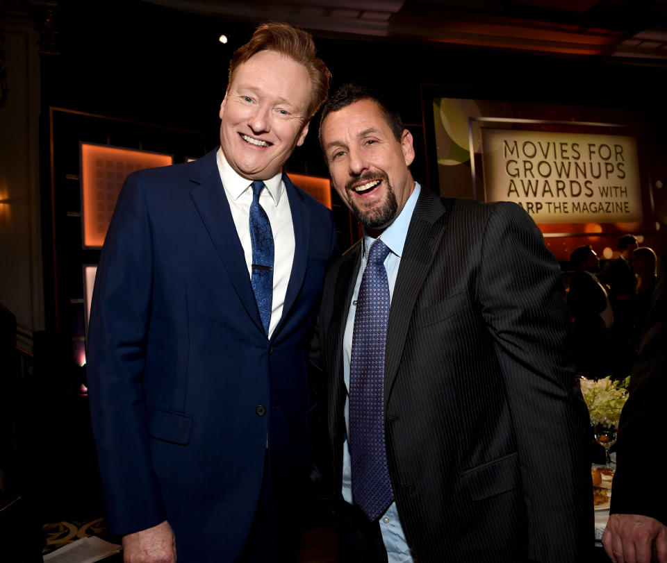 BEVERLY HILLS, CALIFORNIA - JANUARY 11: (L-R) Conan O'Brien and Adam Sandler attend AARP The Magazine's 19th Annual Movies For Grownups Awards at Beverly Wilshire, A Four Seasons Hotel on January 11, 2020 in Beverly Hills, California. (Photo by Michael Kovac/Getty Images for AARP)