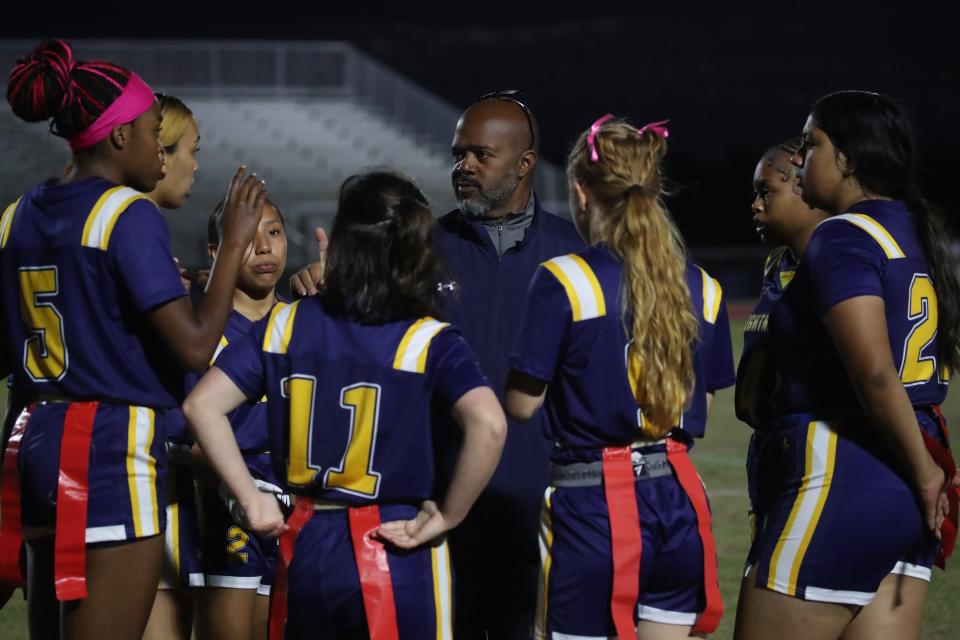 Gateway, Lehigh, Riverdale and Dunbar play in a preseason girls flag football jamboree at Lehigh Senior High School on Tuesday, Feb. 13, 2024, in Lehigh Acres.