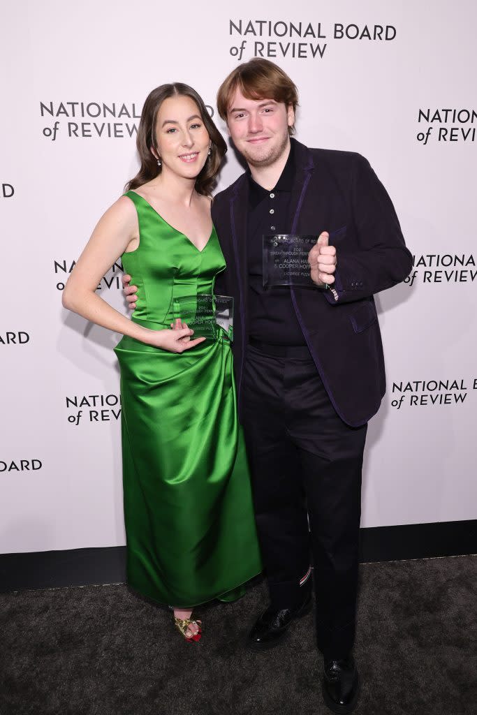 Alana Haim and Cooper Hoffman pose with the award for Best Breakthrough Performance at the National Board of Review gala at Cipriani 42nd Street in New York City on March 15, 2022. - Credit: Getty Images for National Board