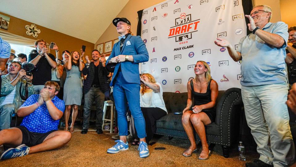 Franklin Community High School's baseball star Max Clark is congratulated after being drafted by the Detroit Tigers during the MLB Draft on Sunday, July, 9, 2023, at his family home in Franklin Ind. 