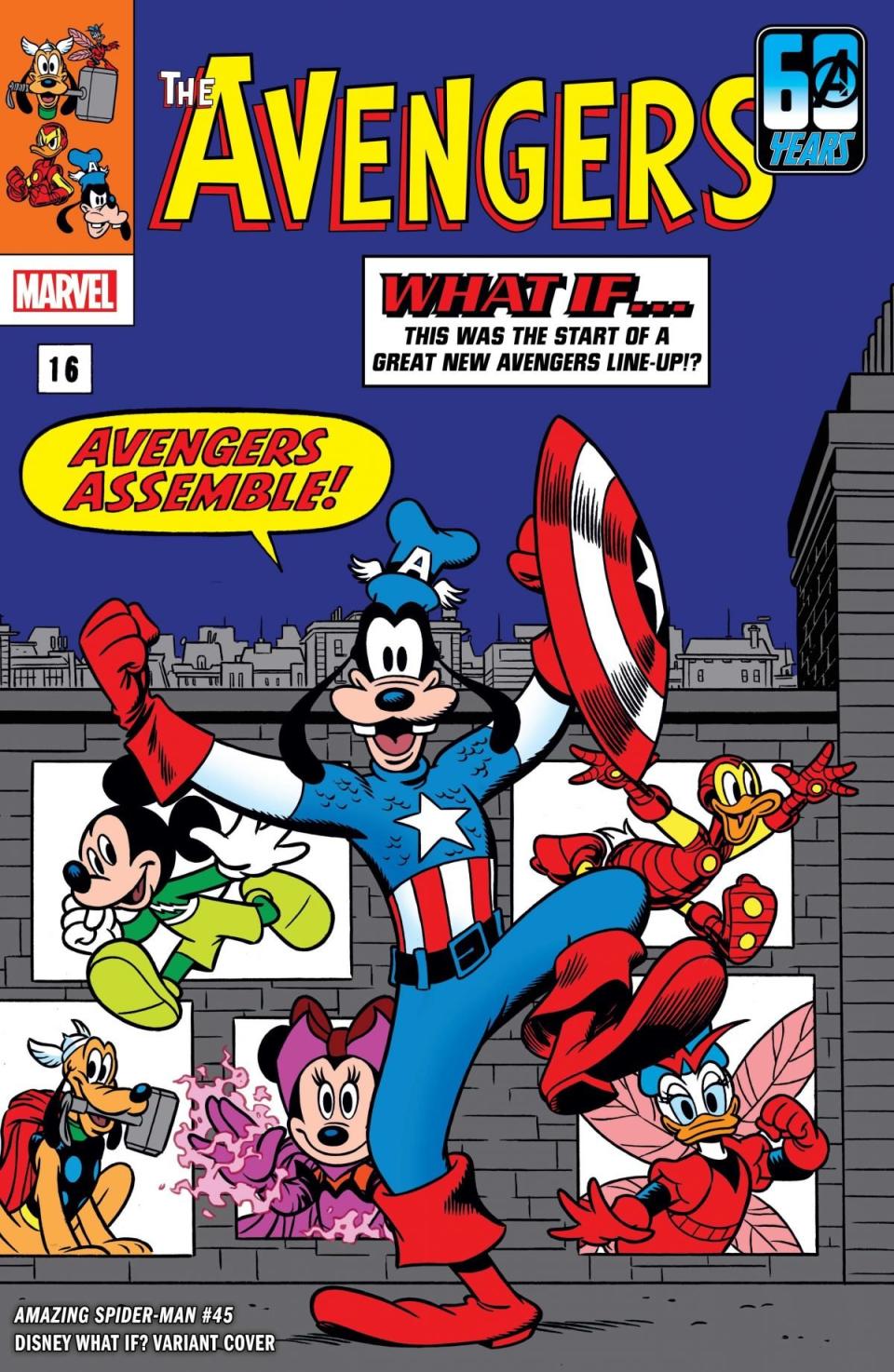 Disney Crossover with Marvel Comics to celebrate Avengers and X-Men - Avengers variant cover with Captain america goofy and more