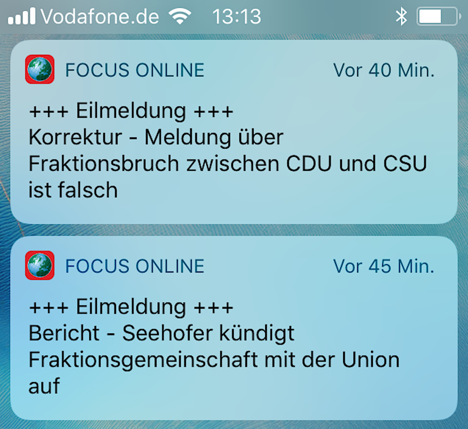 Focus Online schickte Pushnachrichten mit den Fake News an seine Leser. (Bild: Screenshot/Focus.de)