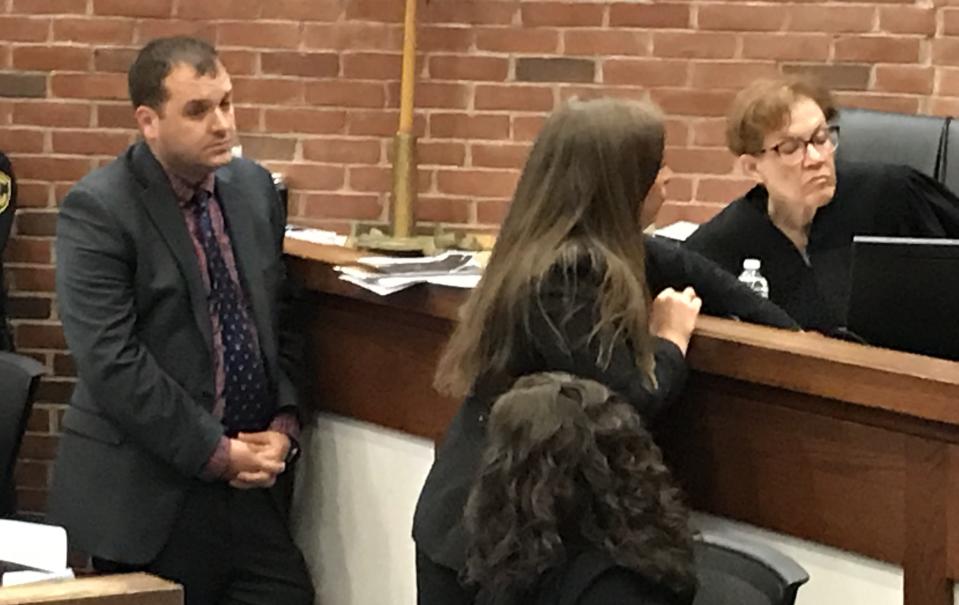 Defense attorney Michael Sheehan, Assistant District Attorney Victoria Wood and Wareham District Court Judge Julie Bernard view a video of an alleged assault by a Middleboro teen during a dangerousness hearing on Thursday, June 29, 2023.