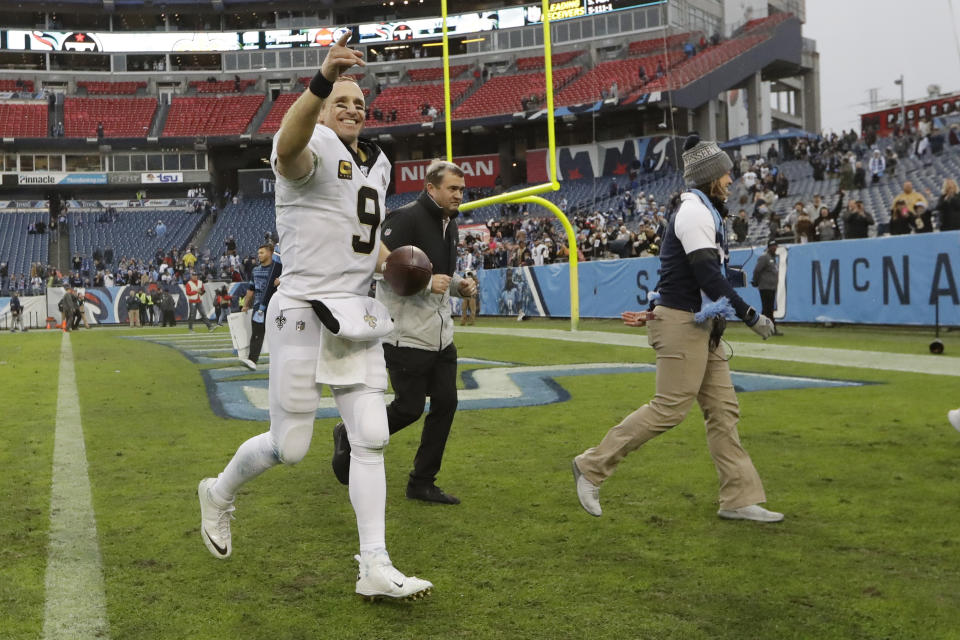 New Orleans Saints quarterback Drew Brees leaves the field after an NFL football game against the Tennessee Titans Sunday, Dec. 22, 2019, in Nashville, Tenn. The Saints won 38-28. (AP Photo/James Kenney)