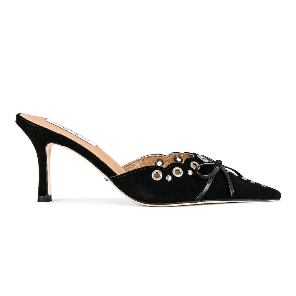 Tony Bianco black pointed toe heels slip on mules scalloped eyelet studded bow stilettos