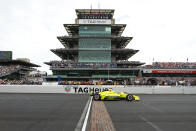 Simon Pagenaud, of France, crosses the start/finish line on the start of the Indianapolis 500 IndyCar auto race at Indianapolis Motor Speedway, Sunday, May 26, 2019, in Indianapolis. (AP Photo/Rob Baker)