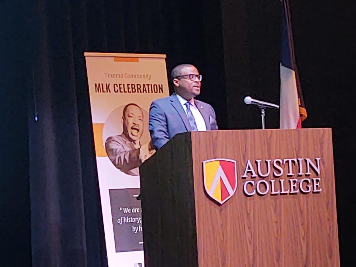 Carllos Lassiter speaks at Austin College during the college's annual Martin Luther King Jr. Day celebrations.