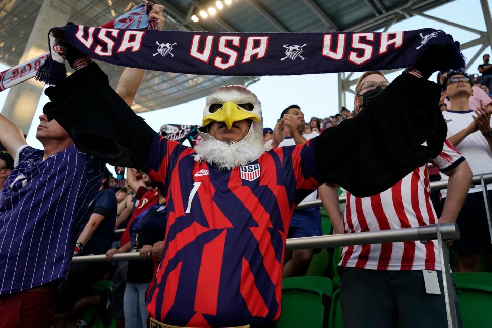 A United States fan cheers before the World Cup qualifier against Jamaica at Q2 Stadium in Austin, Texas.