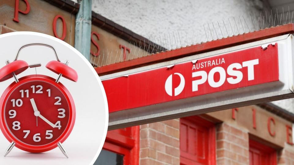 Australia Post office and sign, alarm clock. Images: Getty