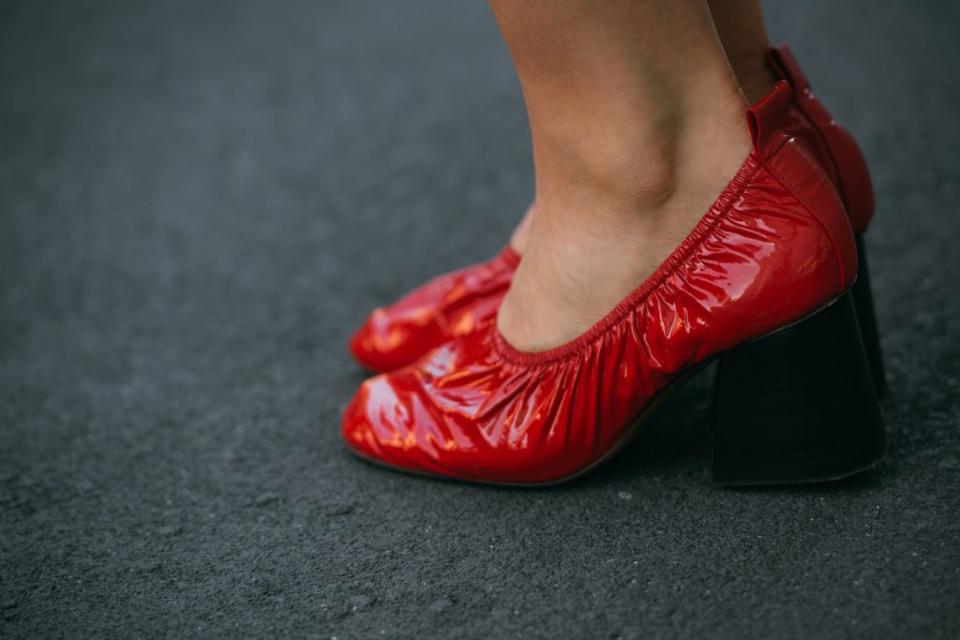 A street-style shot of the elastic ballet-slipper-like block heels that Philo showed with Céline’s spring 2015 collection