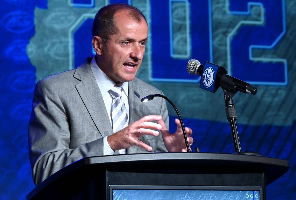 ACC Commissioner James Phillips responds to a reporter’s question during the first day of the 2023 ACC Football Kickoff event in Charlotte, NC on Tuesday, July 25, 2023. JEFF SINER/jsiner@charlotteobserver.com