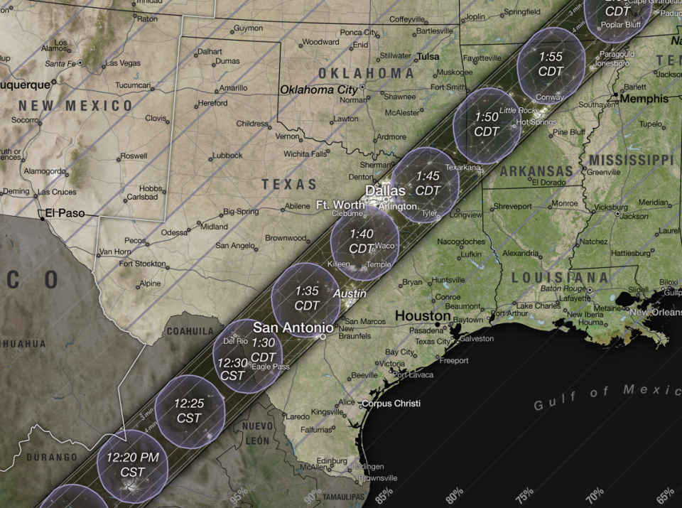 This map from NASA's Scientific Visualization Studio (Michala Garrison, Ernie Wright, Laurence Schuler and Ian Jones) shows the path of totality for the April 8, 2024, Total Solar Eclipse. The map includes states that are not in the path, however, it does note the percentage of visibility by state and city. The shadow of the moon will cross Mexico, the United States and Canada, and this map shows where and when.