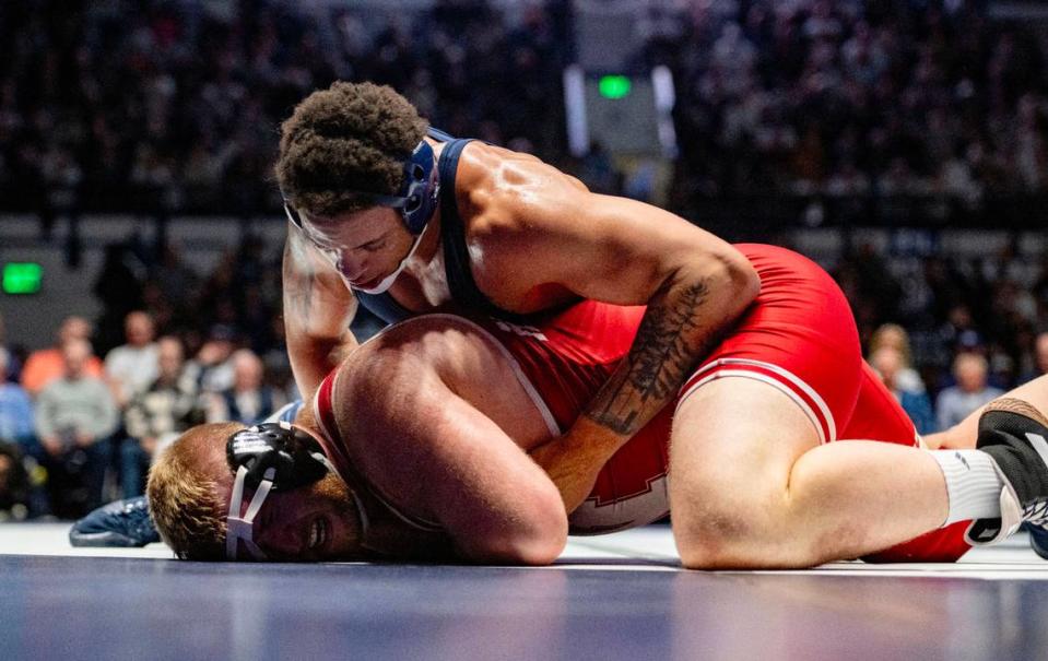 Penn State’s Greg Kerkvliet controls Nebraska’s Nash Hutmacher in the 285 lb bout of the match on Sunday, Feb. 18, 2024 in Rec Hall. Abby Drey/adrey@centredaily.com