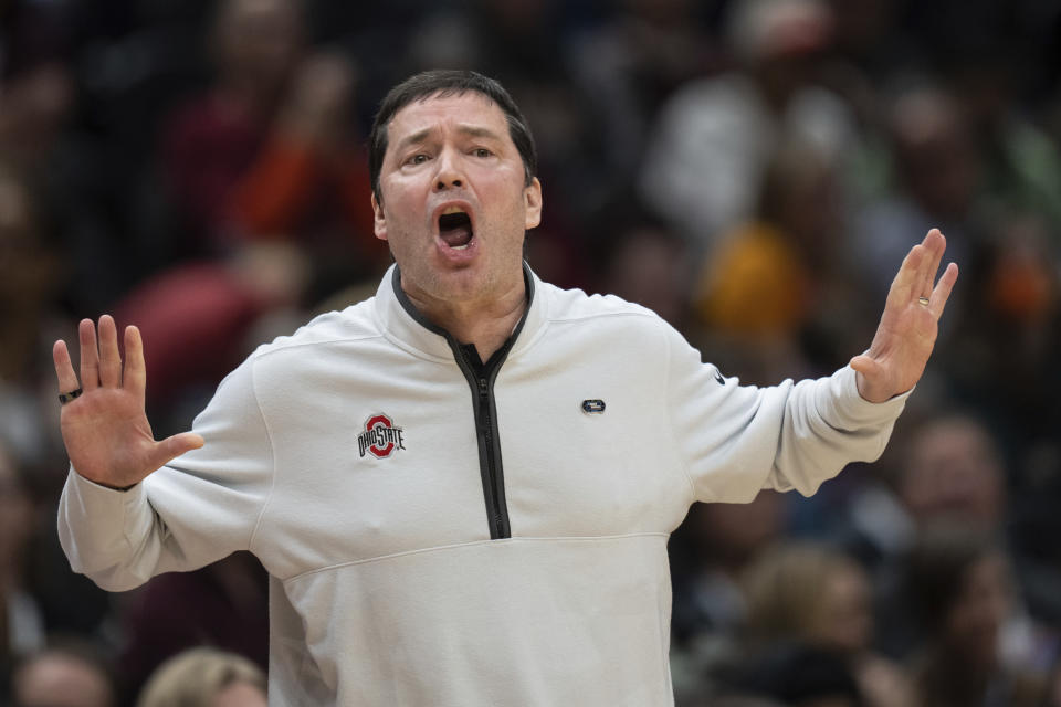 Ohio State head coach Kevin McGuff yells to his team during the first half of an Elite 8 college basketball game of the NCAA Tournament against Virginia Tech, Monday, March 27, 2023, in Seattle. (AP Photo/Stephen Brashear)