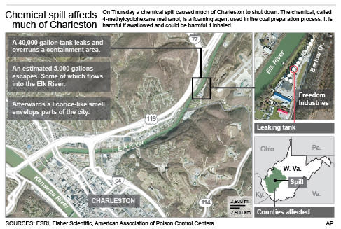 Map and details relating to the chemical spill in the Elk River, Charleston, W. Va.; 2c x 5 inches; 96.3 mm x 127 mm;