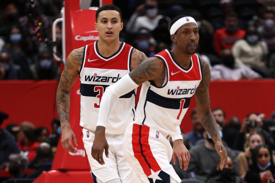 Kyle Kuzma (left) and Kentavious Caldwell-Pope (1) were part of a trade when the Lakers acquired Russell Westbrook from the Wizards in the offseason.