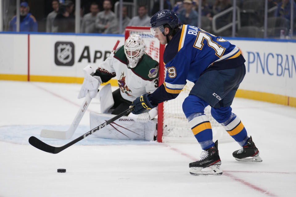 St. Louis Blues' Sammy Blais (79) handles the puck as Arizona Coyotes goaltender Connor Ingram defends during the second period of an NHL hockey game Thursday, Oct. 19, 2023, in St. Louis. (AP Photo/Jeff Roberson)