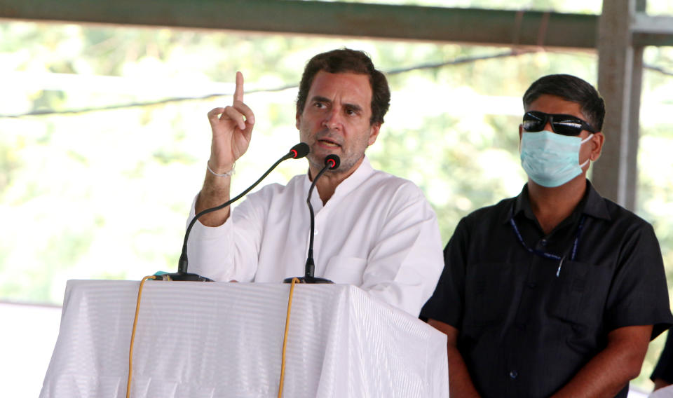 BATHINDA, INDIA  OCTOBER 4: Congress leader Rahul Gandhi speaks on stage during the Kisan Bachao rally at Badhni Kalan in Moga, on October 4, 2020 in Bathinda, India. Congress leader Rahul Gandhi extended support to protesting farmers of the country onSunday and said that he will fight for their rights even as the Prime Minister Narendra Modi-led government is bent on taking away bread and land from them.(Photo by Sanjeev Kumar/Hindustan Times via Getty Images)