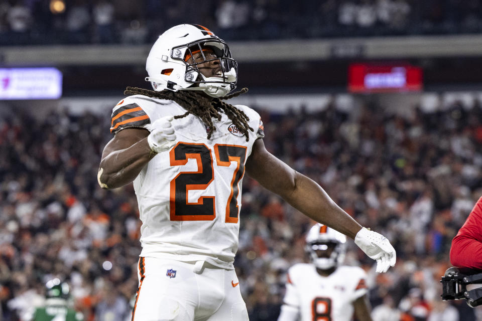 CLEVELAND, OHIO - DECEMBER 28: Kareem Hunt #27 of the Cleveland Browns celebrates after a touchdown during the game against the New York Jets at Cleveland Browns Stadium on December 28, 2023 in Cleveland, Ohio. The Browns beat the Jets 37-20. (Photo by Lauren Leigh Bacho/Getty Images)