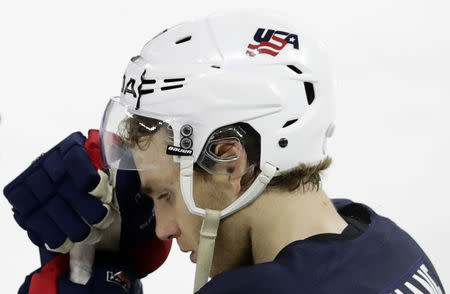 Ice Hockey - 2018 IIHF World Championships - Semifinals - Sweden v USA - Royal Arena - Copenhagen, Denmark - May 19, 2018 - Patrick Kane of the U.S. looks dejected. REUTERS/David W Cerny