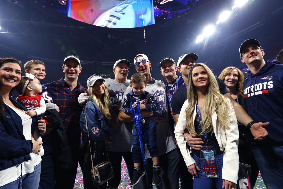 <p>Rob Gronkowski #87 of the New England Patriots celebrates with his family after his teams 13-3 win over the Los Angeles Rams during Super Bowl LIII at Mercedes-Benz Stadium on February 03, 2019 in Atlanta, Georgia. (Photo by Maddie Meyer/Getty Images) </p>