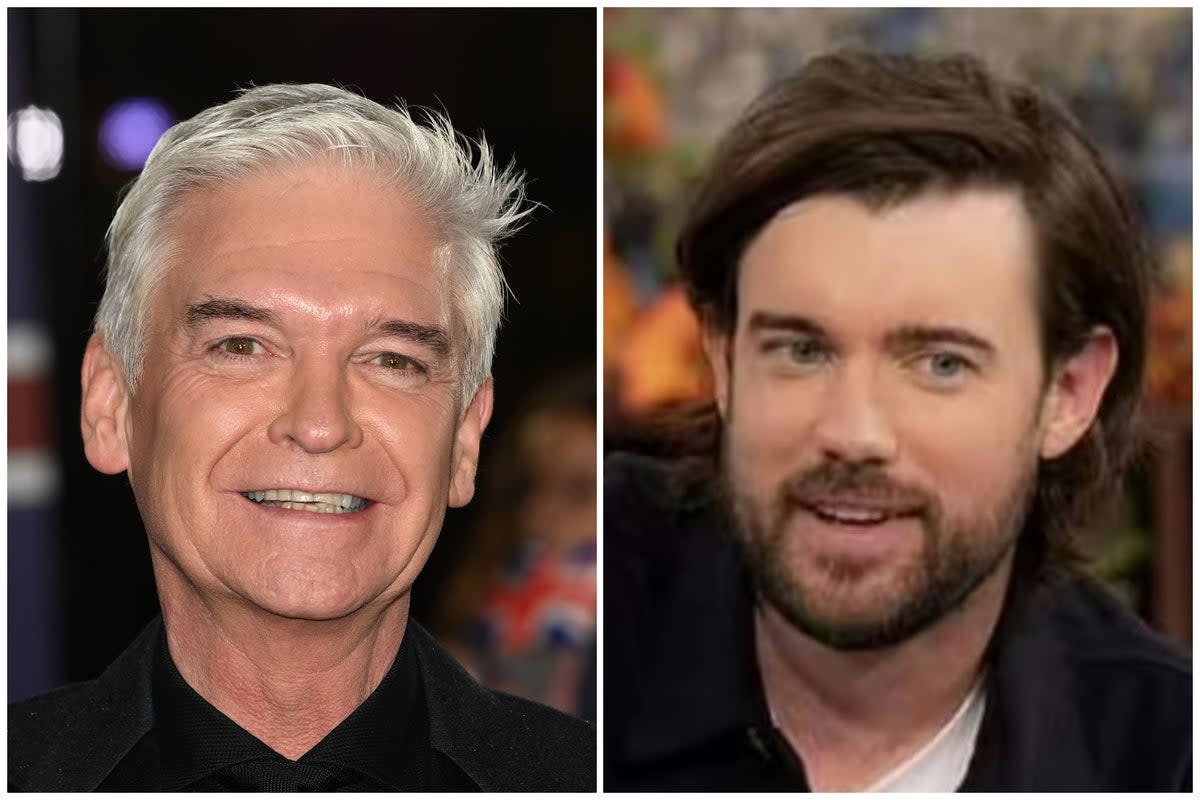 Jack Whitehall (right) awkwardly mentioned disgraced former This Morning presenter Phillip Schofield (left) during an appearance on the show (ES Composite)