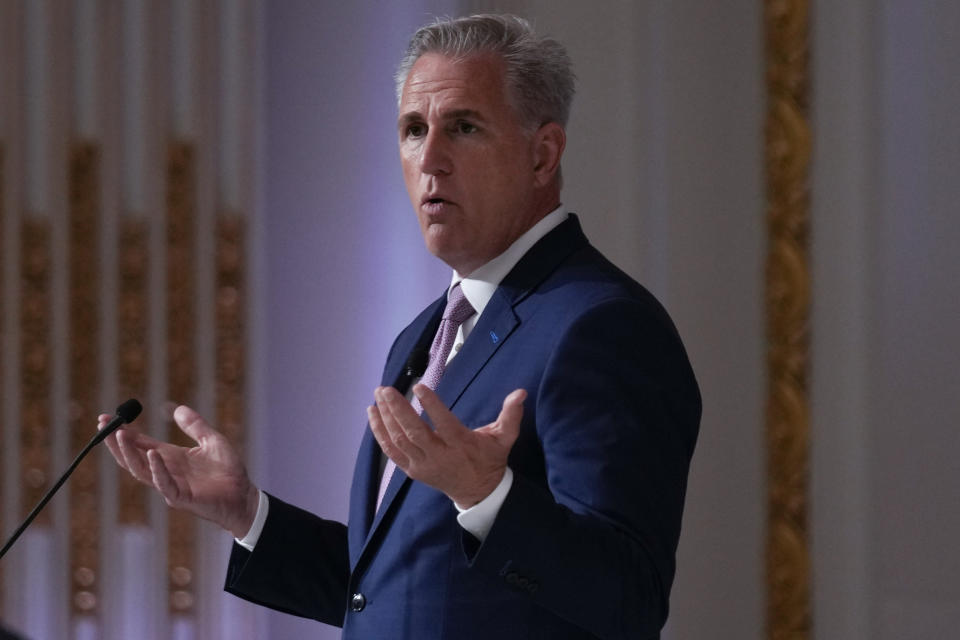 Speaker of the House Kevin McCarthy speaks during an event at the New York Stock Exchange in New York, Monday, April 17, 2023. (AP Photo/Seth Wenig)