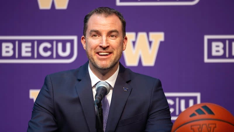 University of Washington's new men's basketball coach Danny Sprinkle meets the news media, Wednesday, March 27, 2024 in Seattle. ()