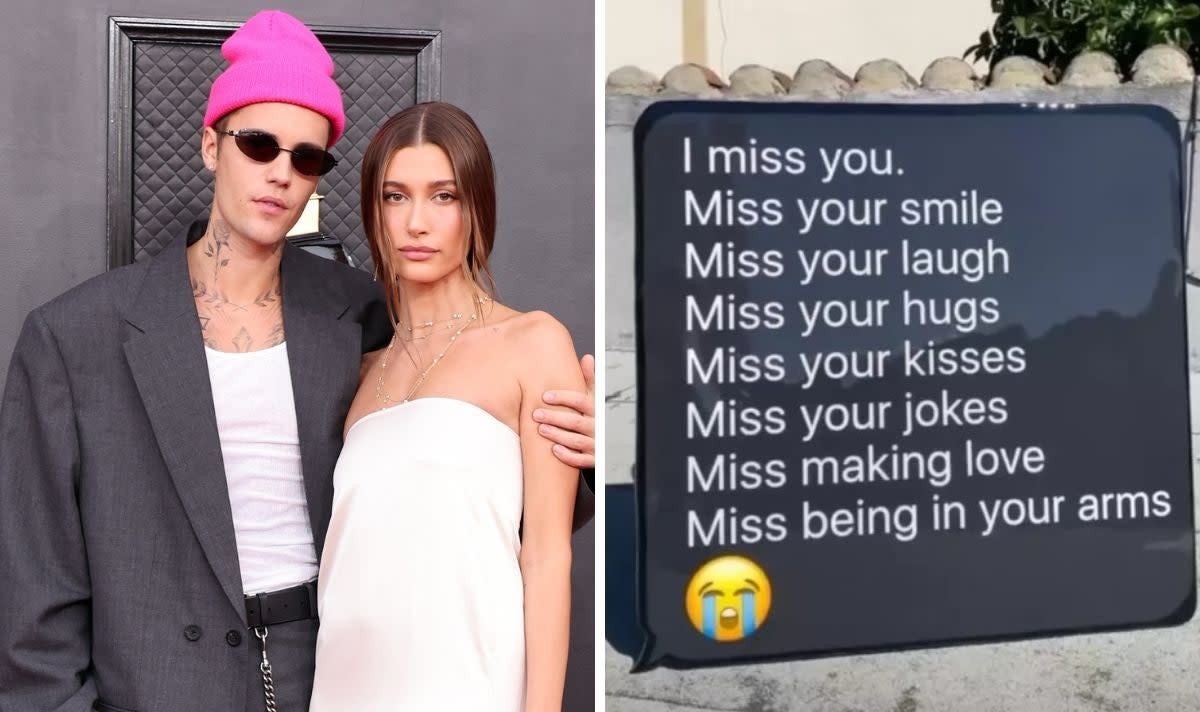 Justin Bieber has paid tribute to wife Hailey by converting her touching text into artwork  (Getty/Instagram Idiotbox)