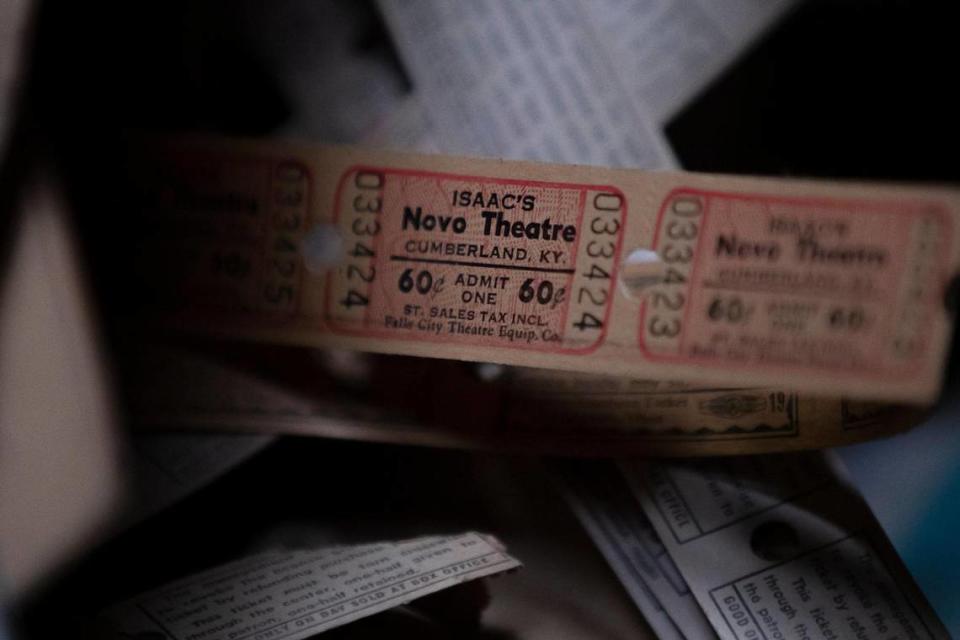 Old tickets for the historic Novo Theater still sit in the projection room of the building in downtown Cumberland, Ky., on Friday, March 31, 2023.