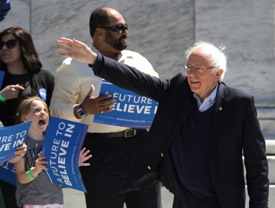 Sunday April 24, 2016 Providence, RI The Providence Journal/Bob Breidenbach Senator Bernie Sanders makes a stop in Rhode Island as he campaigns here before the Tuesday primary, speaking to thousands at the Temple to Music in Roger Williams Park. Here he arrives at the event. The Providence Journal/Bob Breidenbach