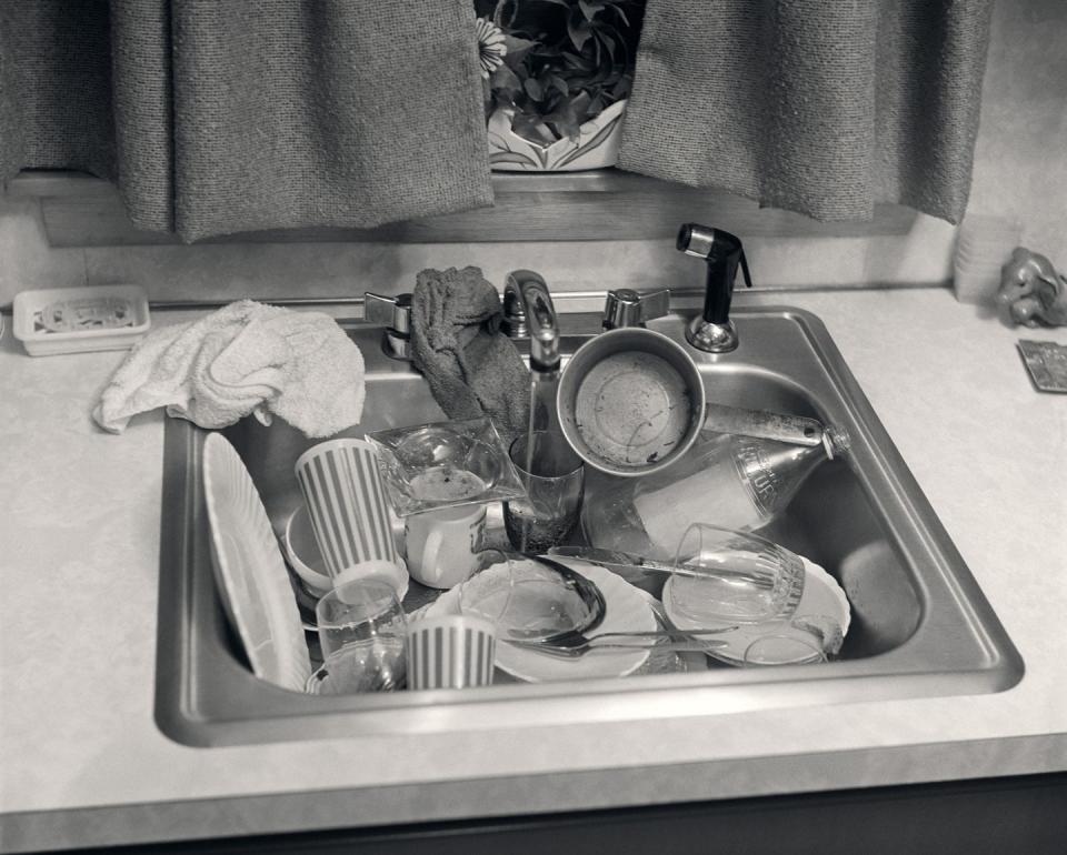 <p>Meaning bad in appearance, "grody" usually described people and places, but perhaps this gross pile of dishes could count as well. Though it's not mentioned in the OED, we also informally consider this the era of "groovy."</p>
